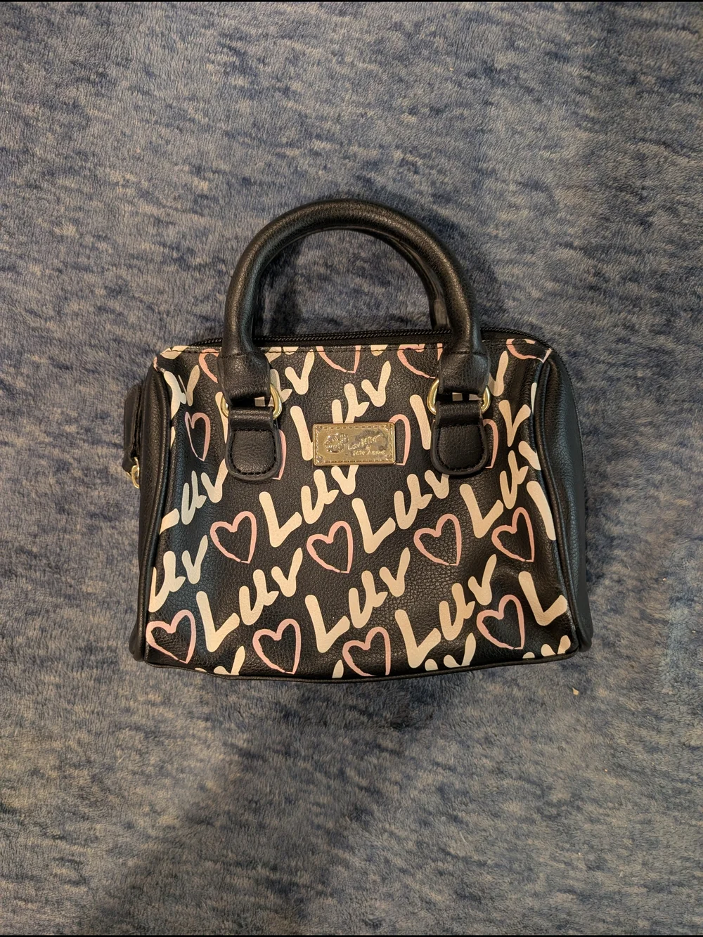 Betsey Johnson Black Cosmetic Bag with Pink and Cream Heart Luv Print